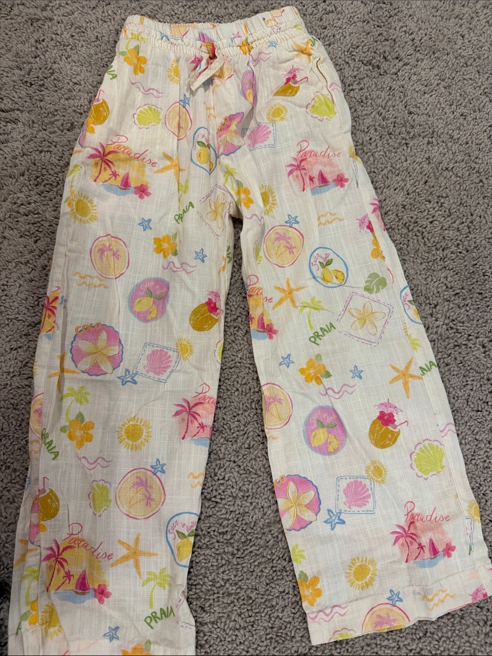 Zara White Tropical Print Lounge Pants with Pink, Yellow and Green Accents